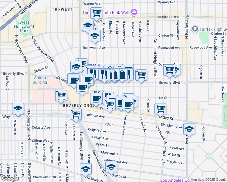 map of restaurants, bars, coffee shops, grocery stores, and more near 131 Kings Road in Los Angeles