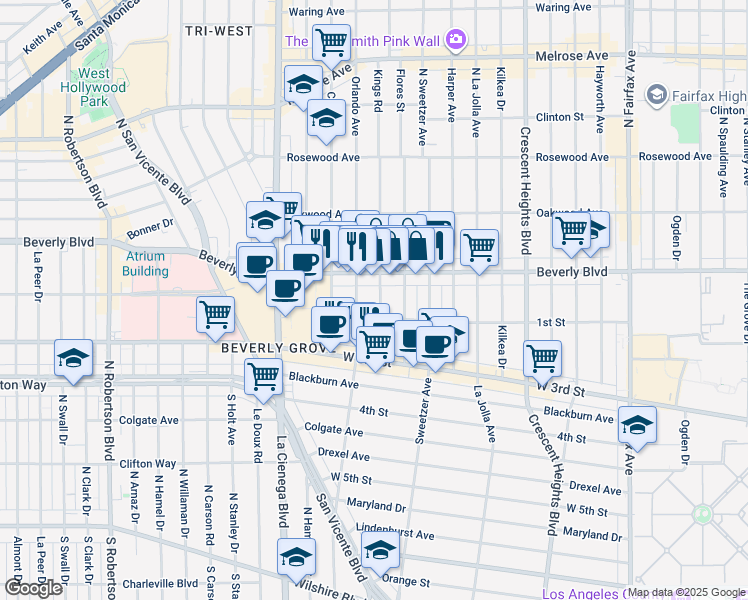 map of restaurants, bars, coffee shops, grocery stores, and more near 131 Kings Road in Los Angeles