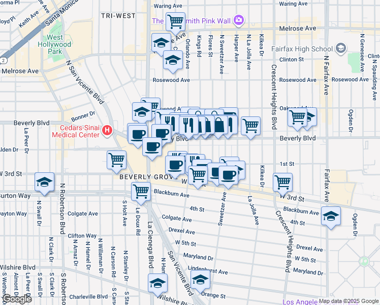 map of restaurants, bars, coffee shops, grocery stores, and more near 131 Kings Road in Los Angeles