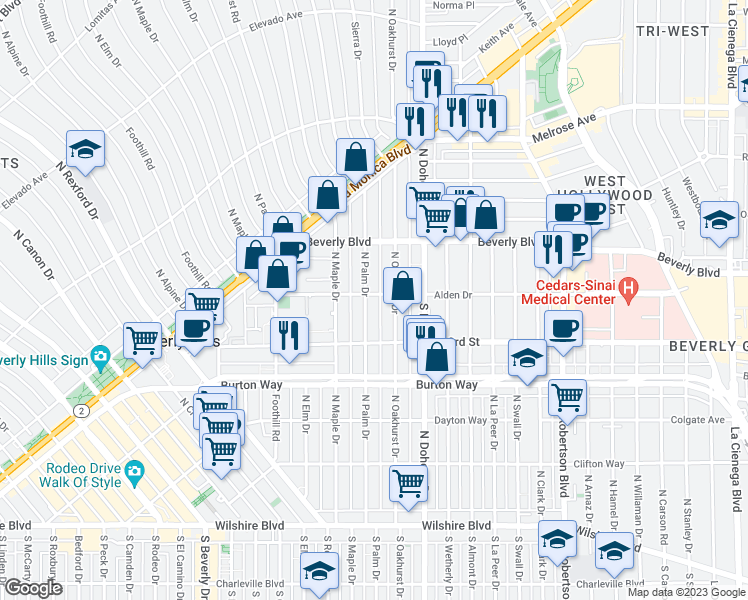 map of restaurants, bars, coffee shops, grocery stores, and more near 9183 Alden Drive in Beverly Hills