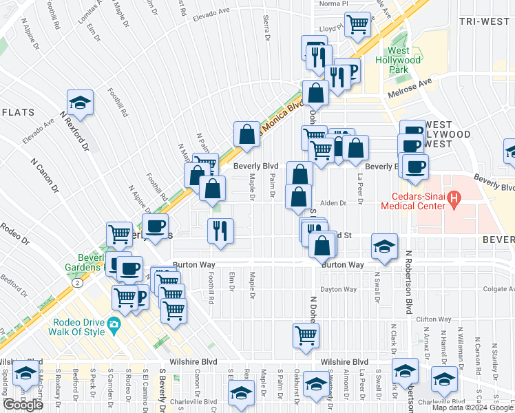 map of restaurants, bars, coffee shops, grocery stores, and more near 9231 Alden Drive in Beverly Hills