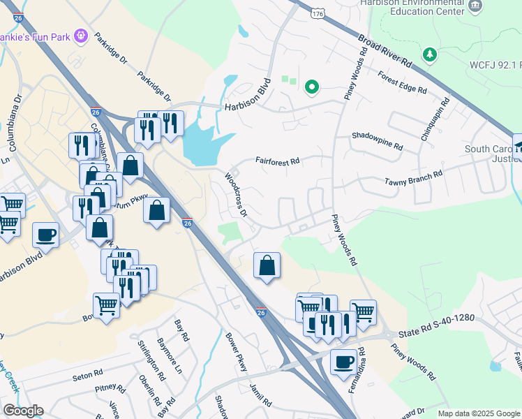 map of restaurants, bars, coffee shops, grocery stores, and more near 133 Manorwood Court in Columbia