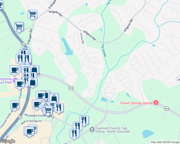 map of restaurants, bars, coffee shops, grocery stores, and more near 3204 Millgate Court Northeast in Buford