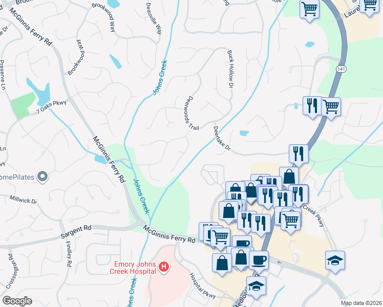 map of restaurants, bars, coffee shops, grocery stores, and more near 520 Fawn Run in Alpharetta