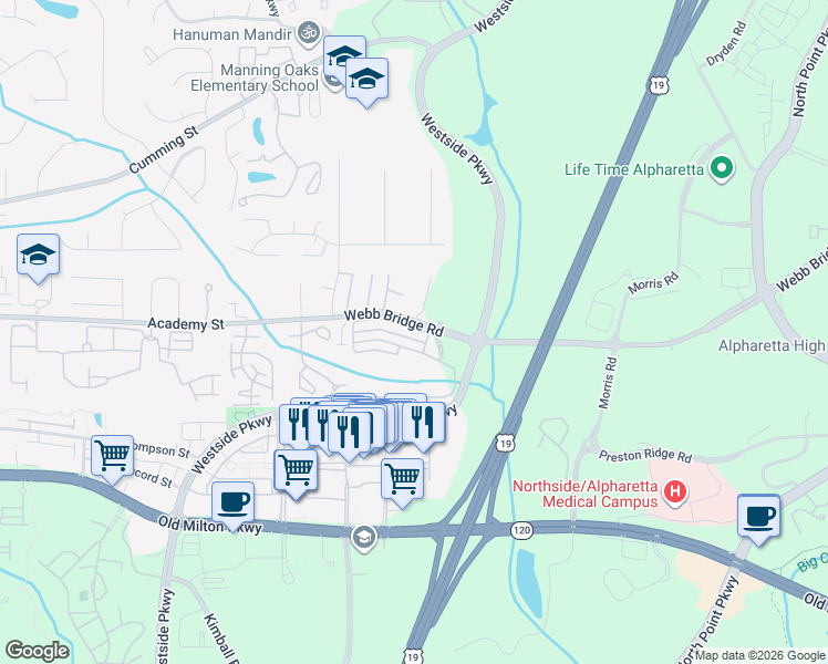 map of restaurants, bars, coffee shops, grocery stores, and more near 8112 Woodland Lane in Alpharetta