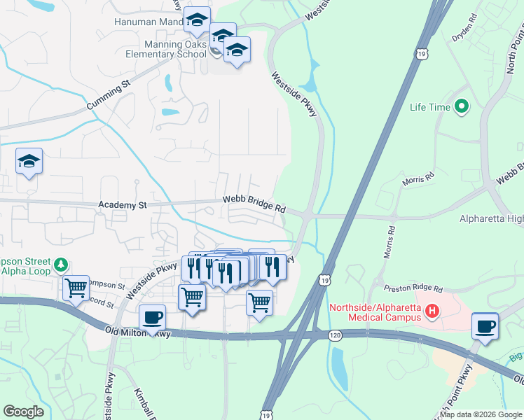 map of restaurants, bars, coffee shops, grocery stores, and more near 8106 Woodland Lane in Alpharetta