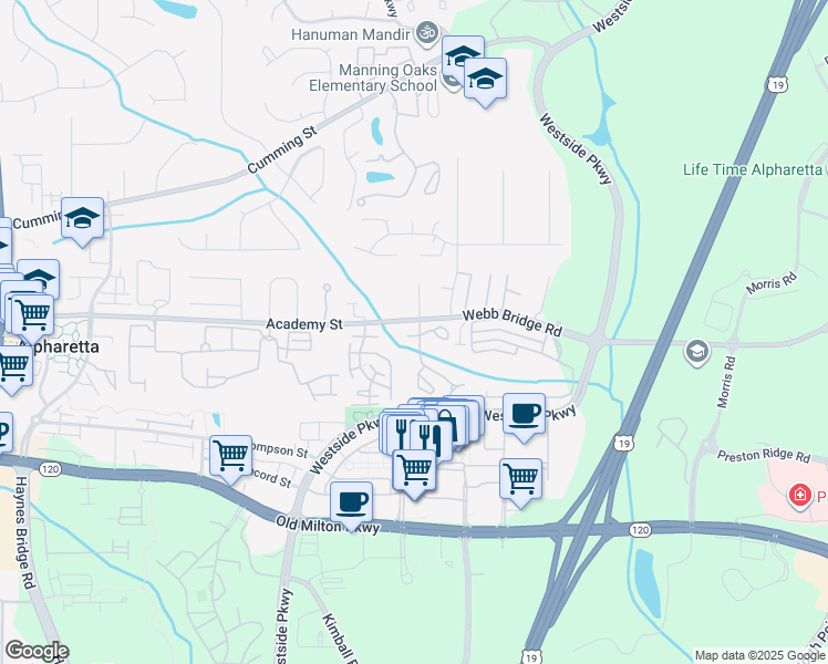 map of restaurants, bars, coffee shops, grocery stores, and more near in Alpharetta