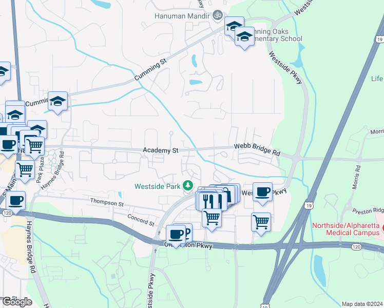 map of restaurants, bars, coffee shops, grocery stores, and more near 105 Wade Creek Road in Alpharetta