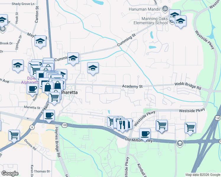 map of restaurants, bars, coffee shops, grocery stores, and more near 340 Oak Terrace in Alpharetta