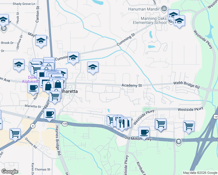 map of restaurants, bars, coffee shops, grocery stores, and more near 2606 Eldwick Drive in Alpharetta