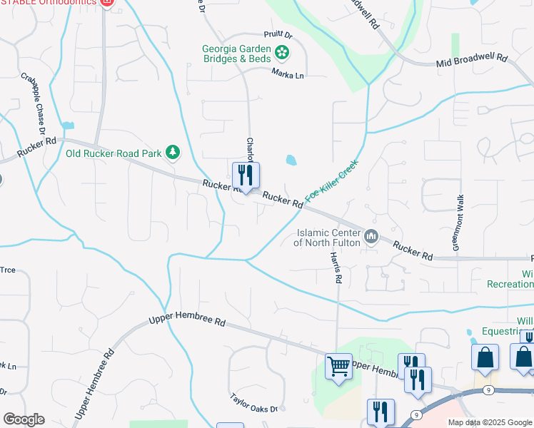 map of restaurants, bars, coffee shops, grocery stores, and more near 1075 Creekwalk Drive in Alpharetta