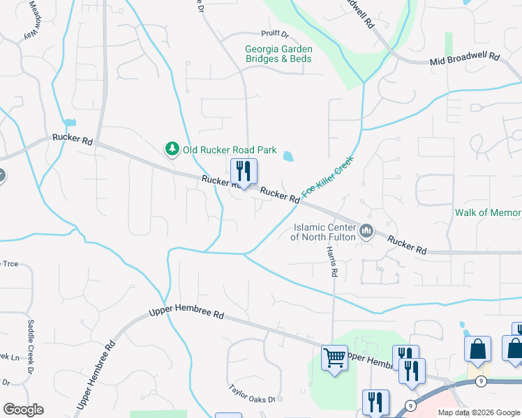 map of restaurants, bars, coffee shops, grocery stores, and more near 1055 Creekwalk Drive in Alpharetta