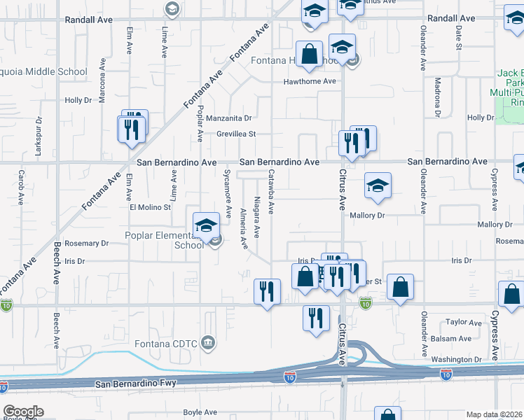 map of restaurants, bars, coffee shops, grocery stores, and more near 9833 Niagara Avenue in Fontana