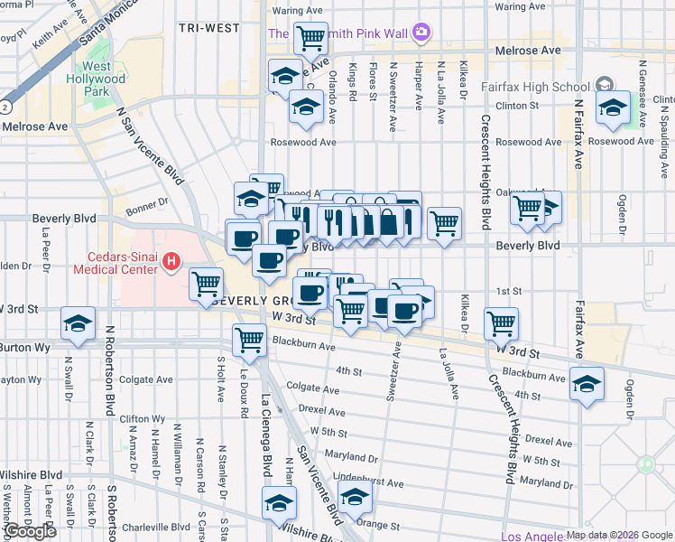 map of restaurants, bars, coffee shops, grocery stores, and more near 118 Orlando Avenue in Los Angeles