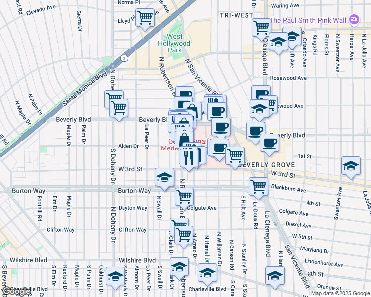 map of restaurants, bars, coffee shops, grocery stores, and more near 8741 Alden Drive in Los Angeles