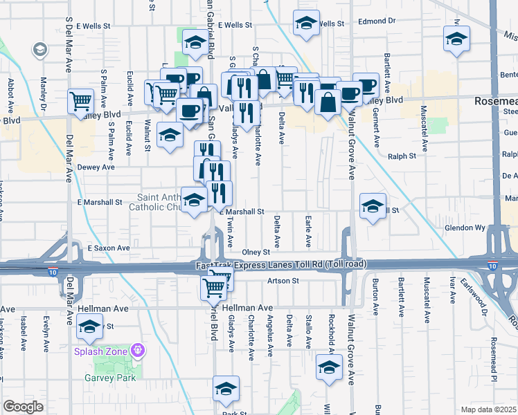 map of restaurants, bars, coffee shops, grocery stores, and more near 3718 South Charlotte Avenue in San Gabriel