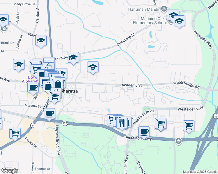 map of restaurants, bars, coffee shops, grocery stores, and more near 2606 Eldwick Drive in Alpharetta