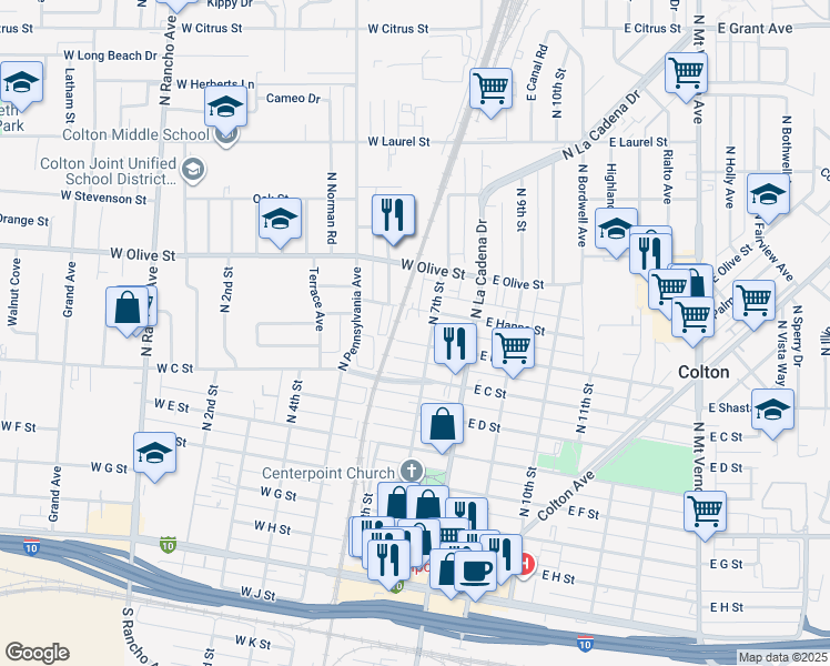 map of restaurants, bars, coffee shops, grocery stores, and more near in Colton