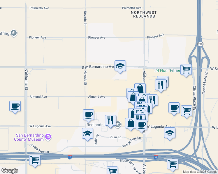 map of restaurants, bars, coffee shops, grocery stores, and more near 9889 Almond Avenue in Redlands