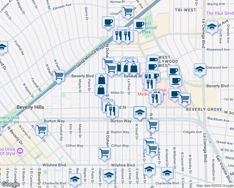 map of restaurants, bars, coffee shops, grocery stores, and more near 100 South Wetherly Drive in Los Angeles
