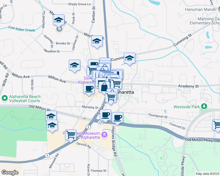map of restaurants, bars, coffee shops, grocery stores, and more near 20 Georgia 9 in Alpharetta