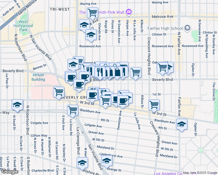 map of restaurants, bars, coffee shops, grocery stores, and more near 118 Kings Road in Los Angeles