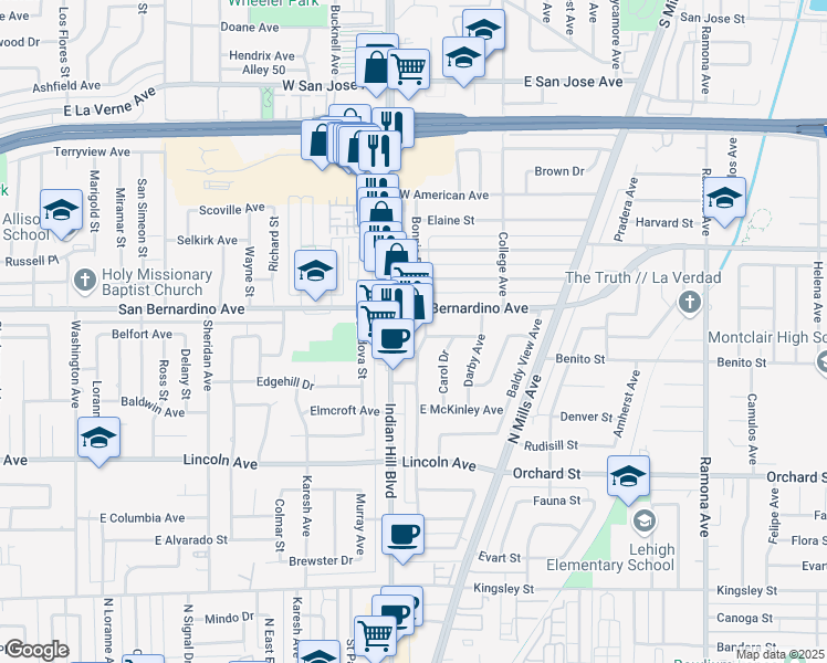 map of restaurants, bars, coffee shops, grocery stores, and more near 1668 Indian Hill Boulevard in Pomona