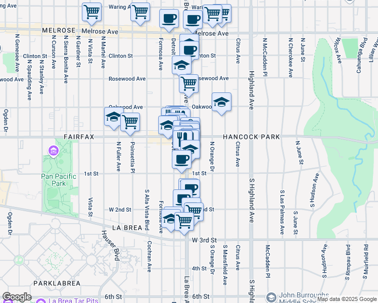 map of restaurants, bars, coffee shops, grocery stores, and more near 162a North La Brea Avenue in Los Angeles