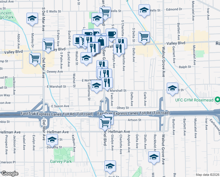 map of restaurants, bars, coffee shops, grocery stores, and more near 809 East Marshall Street in San Gabriel