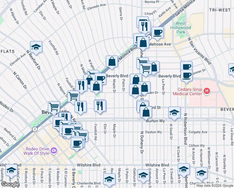 map of restaurants, bars, coffee shops, grocery stores, and more near 9216 Alden Drive in Beverly Hills