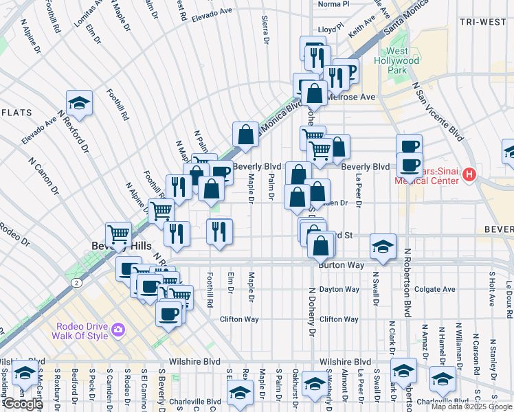 map of restaurants, bars, coffee shops, grocery stores, and more near 9231 Alden Drive in Beverly Hills