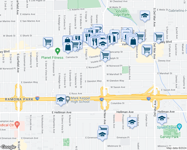 map of restaurants, bars, coffee shops, grocery stores, and more near 1700 Azalea Drive in Alhambra