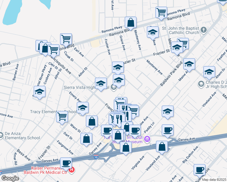 map of restaurants, bars, coffee shops, grocery stores, and more near 3600 Frazier Street in Baldwin Park
