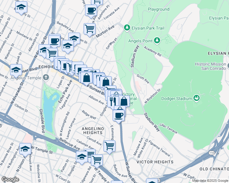 map of restaurants, bars, coffee shops, grocery stores, and more near 1327 Douglas Street in Los Angeles