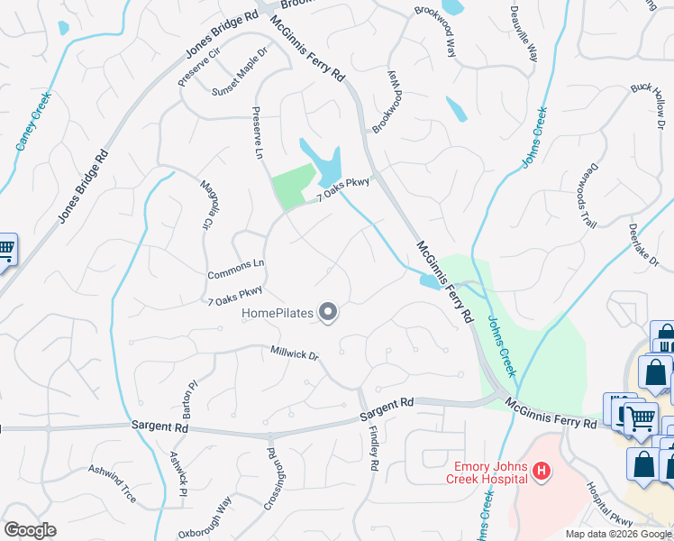 map of restaurants, bars, coffee shops, grocery stores, and more near 12200 Meadows Lane in Alpharetta