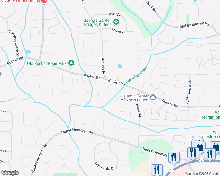 map of restaurants, bars, coffee shops, grocery stores, and more near 1075 Creekwalk Drive in Alpharetta