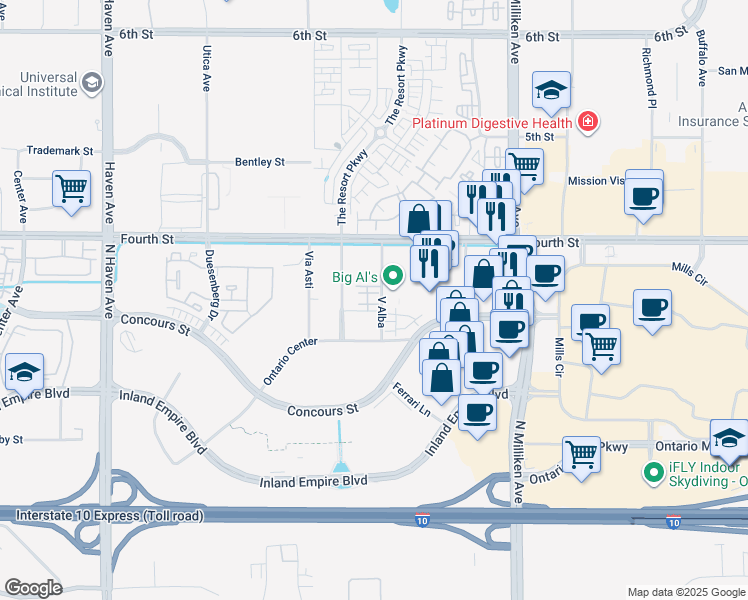 map of restaurants, bars, coffee shops, grocery stores, and more near 944 North Divino Privado in Ontario