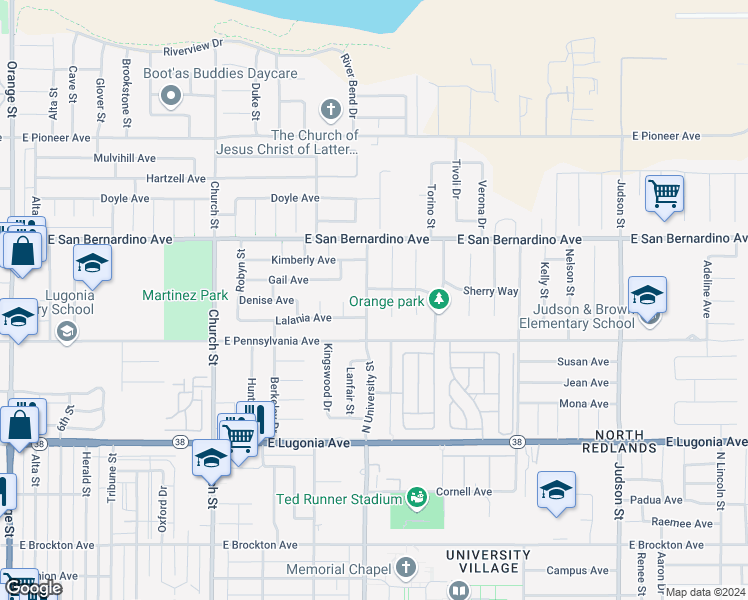 map of restaurants, bars, coffee shops, grocery stores, and more near North University Street in Redlands