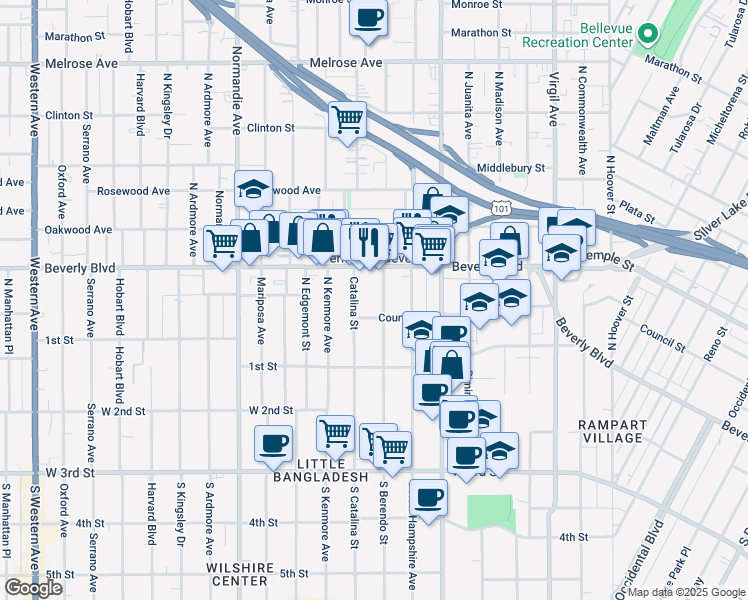 map of restaurants, bars, coffee shops, grocery stores, and more near 3960 Beverly Boulevard in Los Angeles