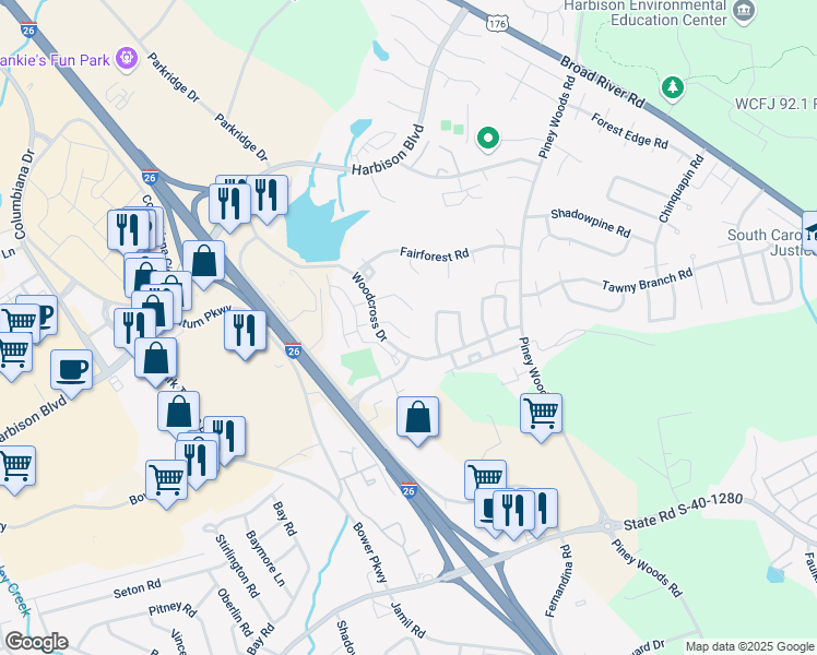 map of restaurants, bars, coffee shops, grocery stores, and more near 133 Manorwood Court in Columbia