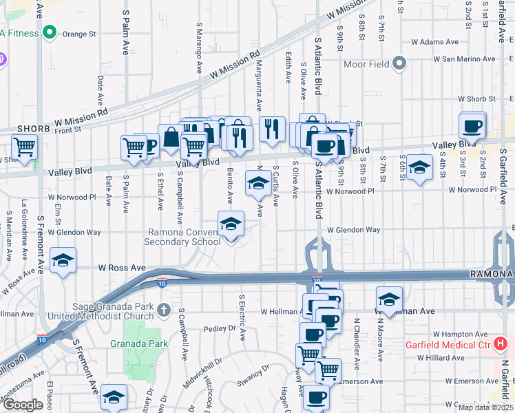 map of restaurants, bars, coffee shops, grocery stores, and more near 1603 Marguerita Avenue in Alhambra