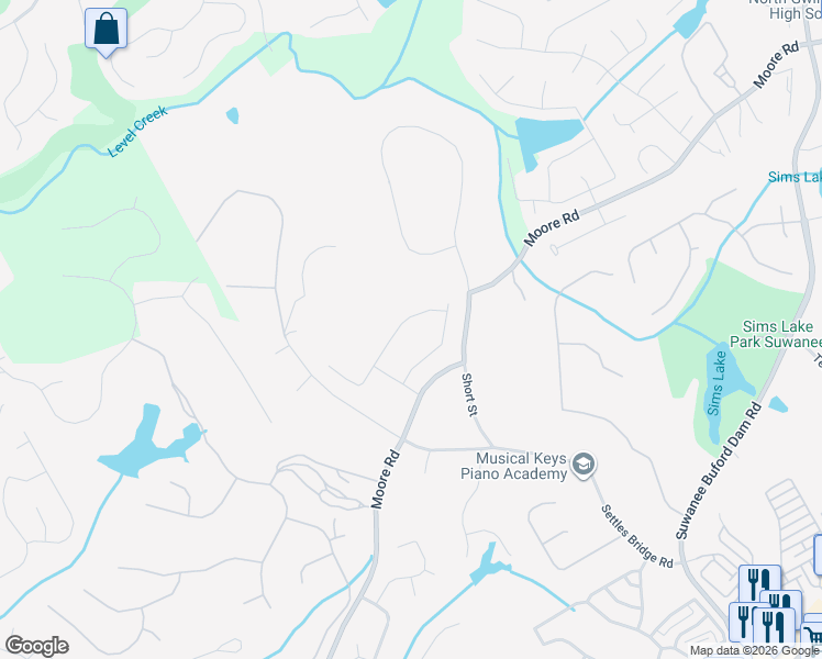 map of restaurants, bars, coffee shops, grocery stores, and more near 622 Rio Vista Court in Suwanee