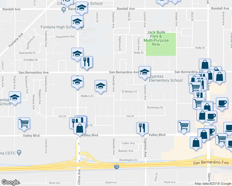 map of restaurants, bars, coffee shops, grocery stores, and more near 9831 Oleander Avenue in Fontana
