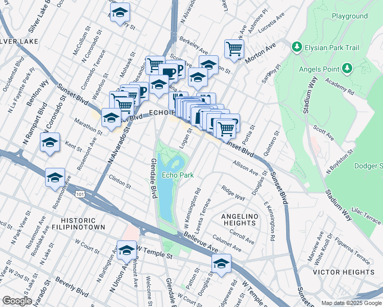 map of restaurants, bars, coffee shops, grocery stores, and more near 1111 Echo Park Avenue in Los Angeles