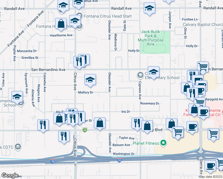map of restaurants, bars, coffee shops, grocery stores, and more near 9831 Oleander Avenue in Fontana