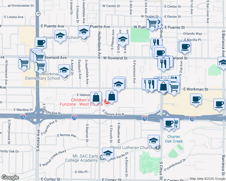 map of restaurants, bars, coffee shops, grocery stores, and more near 414 West Workman Avenue in West Covina