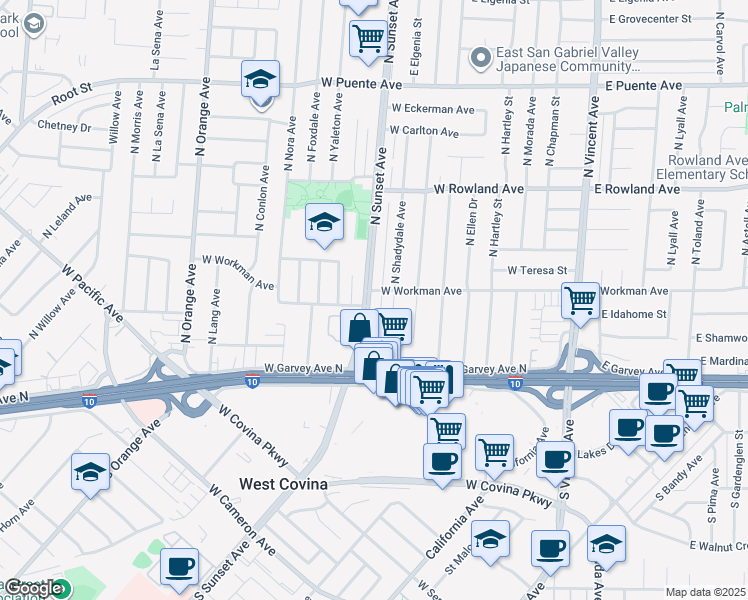 map of restaurants, bars, coffee shops, grocery stores, and more near 234 North Sunset Avenue in West Covina