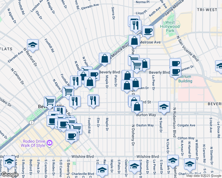 map of restaurants, bars, coffee shops, grocery stores, and more near 9216 Alden Drive in Beverly Hills