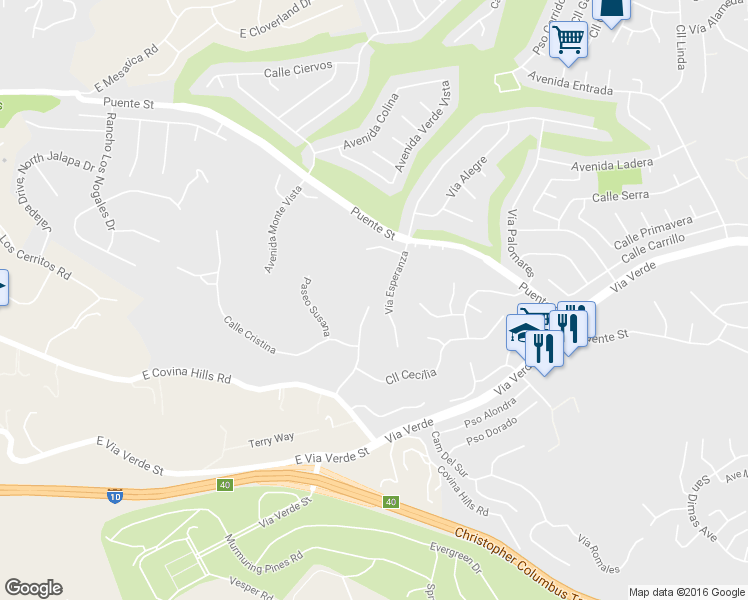 map of restaurants, bars, coffee shops, grocery stores, and more near 2002 Calle Francesca in San Dimas