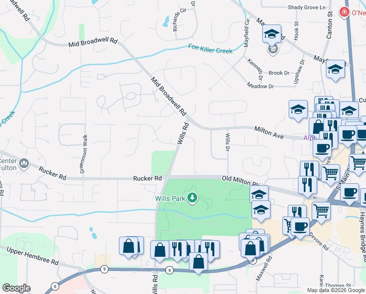 map of restaurants, bars, coffee shops, grocery stores, and more near 111 Burnett Way in Alpharetta